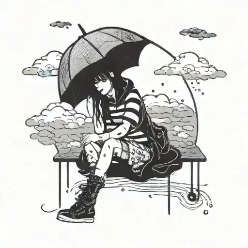 Emo Girl With Umberella With Clouds And Rain Cloud