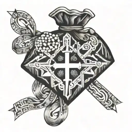 A Money Bag And Cross Intertwined In A Geometric Pattern