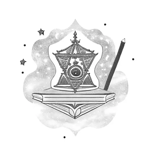 A Blackwork Tattoo Of A Law Book Surrounded By Stars And Galaxies