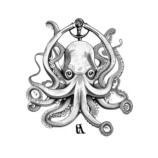 Octopus Wrapped Around An Anchor And A Map Compass