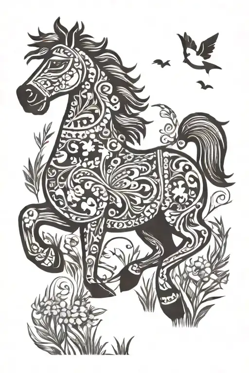 Swedish Wooden Dala Horse Galloping Through A Field