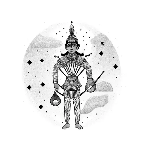 A Blackwork Tattoo Of An Indian Boy Playing A Traditional Musical Instrument Under A Starry Sky