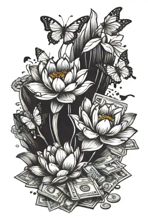 Lotus Flowers Growing Out Of A Pile Of Money With Butterflies Fluttering Around