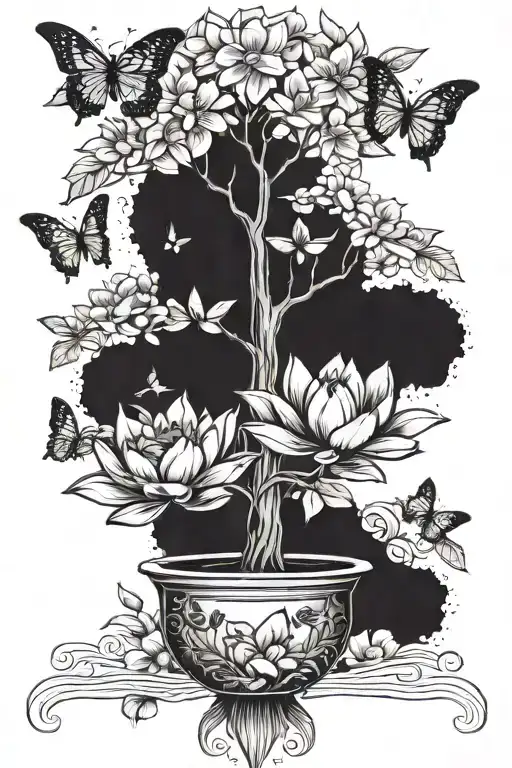 Money Tree With Butterflies And Lotus Flowers Blooming On Its Branches