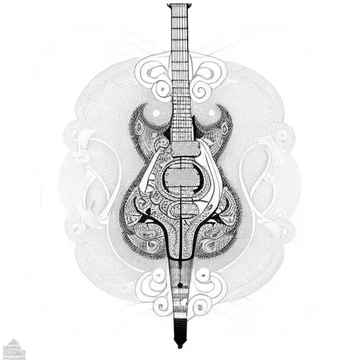 A Guitar With Intricate Musical Notes Woven Into The Design