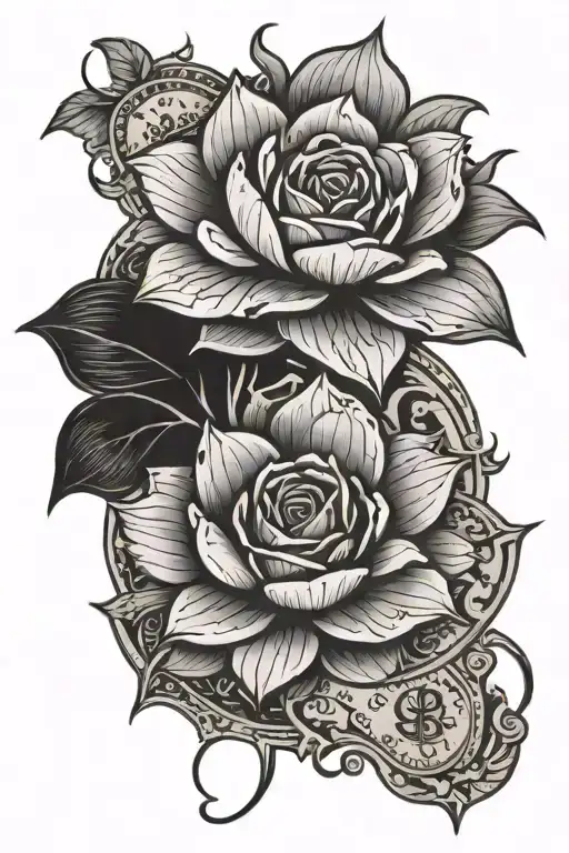 A Black And Grey Tattoo Featuring A Rose And Lotus Flower Surrounded By Money Symbols