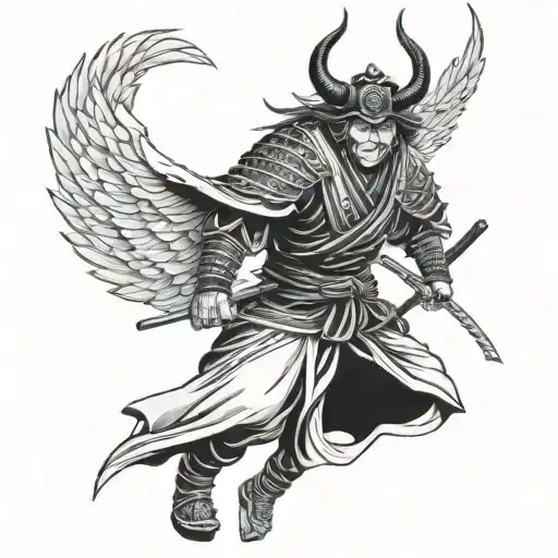 Samurai With A Busted Oni Mask And Devil Wings Spread