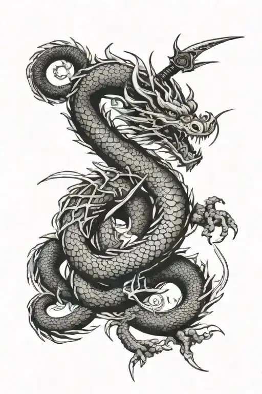 Dragon Japanese With A Katana Sword Surrounded