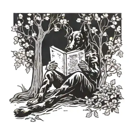 A Blackwork Tattoo Of A Military Dog Reading A Book Under A Flower-covered Tree