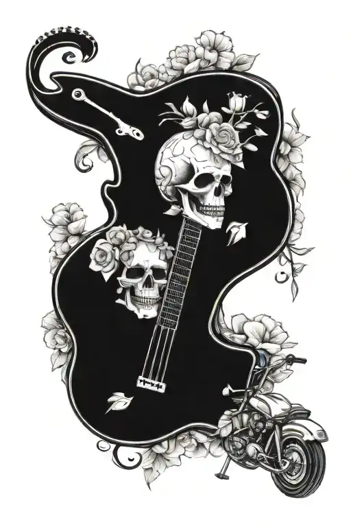 Motorcycle And Guitar With Flowers And Skull Dtails