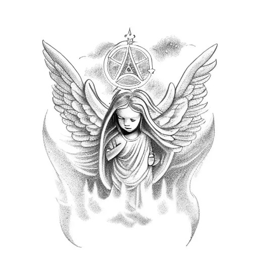 A Tattoo Of A Guardian Angel Watching Over A Family With A Cloudy Sky Background