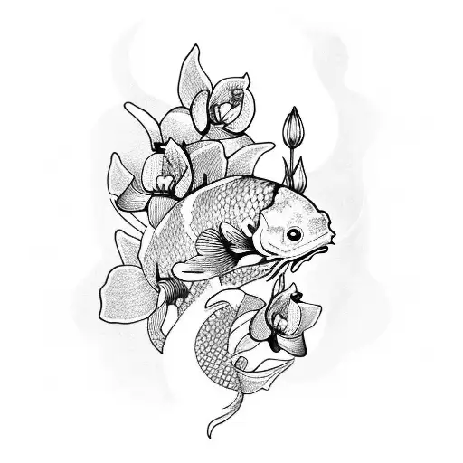 Koi Fish With Orchid Flowers Around It
