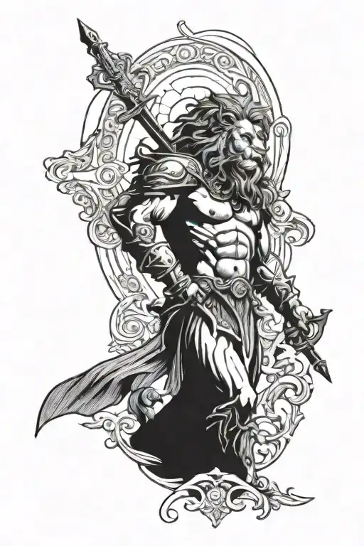 Angel With A Sword And Gates In The Background And Lion With Horns And Blue Waves In The Background