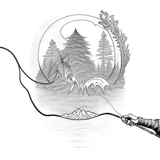 A Majestic Black And Grey Tattoo Of A Fisherman Casting His Line Into A Serene Forest Lake