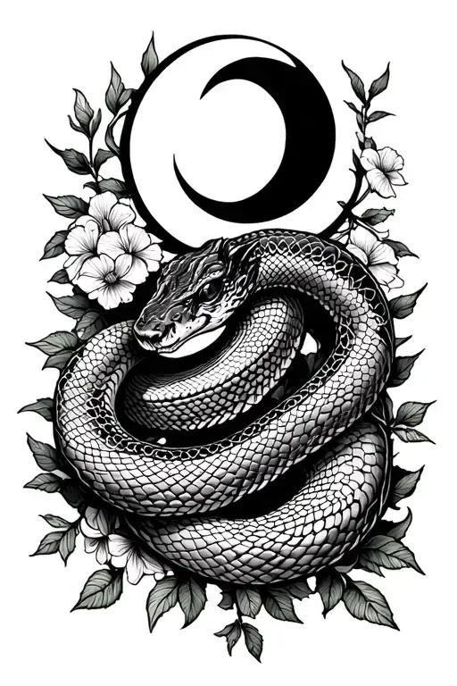 A Snake With Vines And Flowers With A Moon