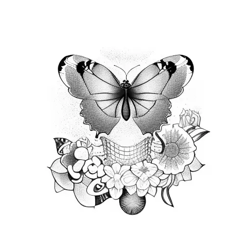 A Blackwork Tattoo Of A Butterfly Playing A Guitar On A Beach With Flowers In The Background