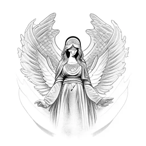 A Mystical Angel And A Wise Tortoise In A Blackwork Style