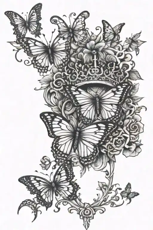 Crosses And Thorn Crown With A Butterfly