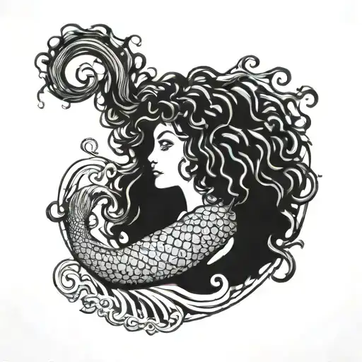 Mermaid With Curly Hair Swimming On The Coast