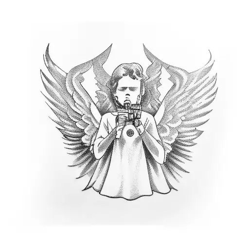 Angel Smoking Holding A Gun In One Hand And In The Other Hand A Flag Of Peace