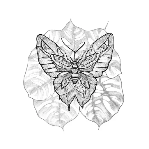A Whimsical Blackwork Tattoo Of A Moth Resting On A Blooming Monstera Leaf