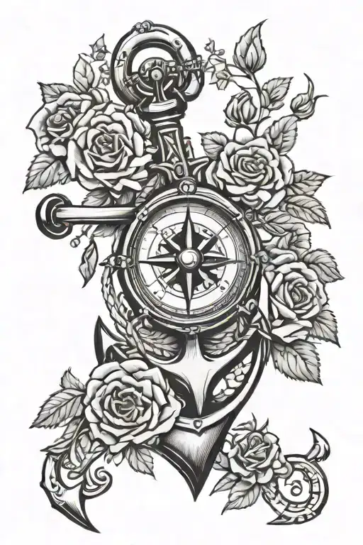 Anchor With Compass And Roses