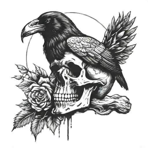 Crow Raven Sitting On Human Skull With A Moon
