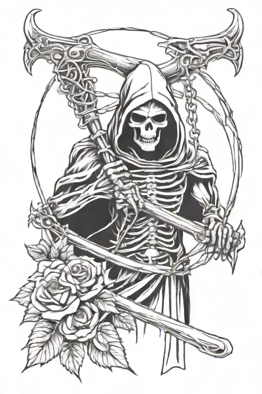 Grim Reaper Holding A Scythe With Roses And Barbed Wire