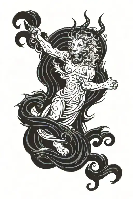 Angel And Lion With Horns And Blue Waves In The Background