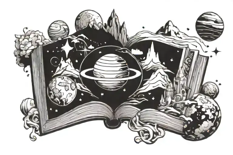 Open Book With Planets And Magic And Crystals And Mountains