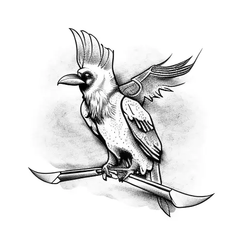 A Dotwork Tattoo Of A Raven Perched On A Bow And Arrow With Frogs