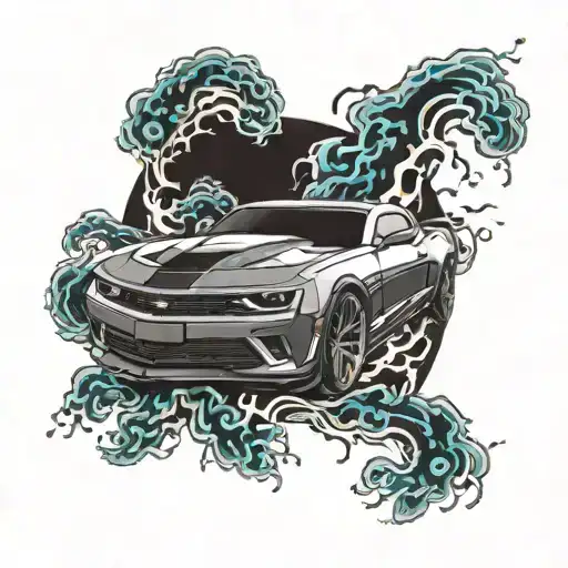 Incorporate A Camaro Car Design With Lightning Bolts And Ocean Waves In The Background