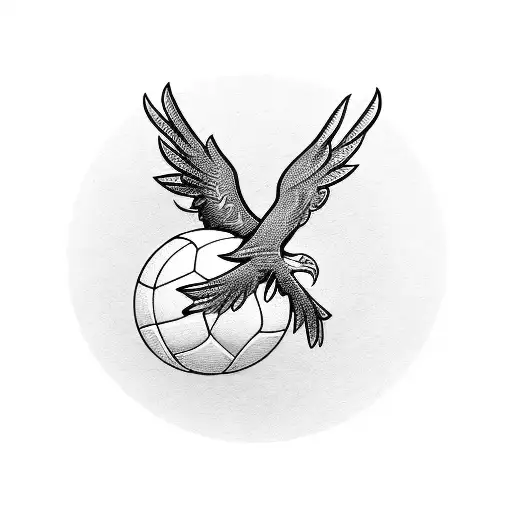 A Detailed Blackwork Tattoo Of A Soaring Eagle Holding A Volleyball And A Soccer Ball In Its Talons