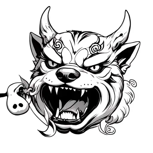 Oni Mask Of A Dog Biting A Teru Teru Bozu
