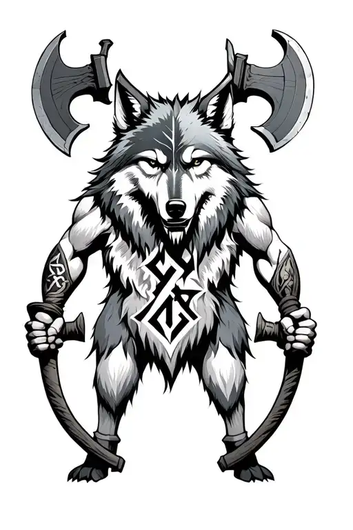 Wolf Berserker With Algiz And Uruz Rune Scar On The Chest Holding Two Axes