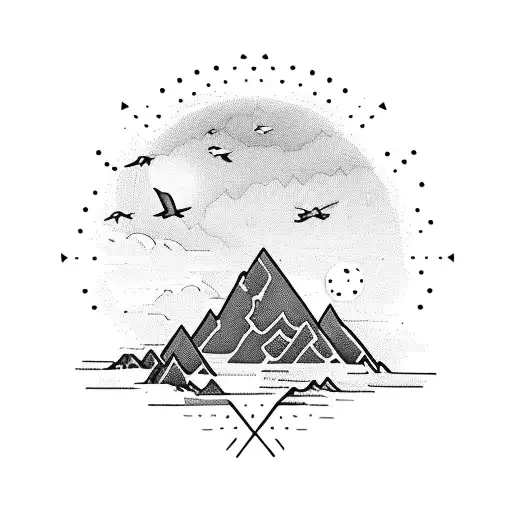 A Mountain Landscape With A Guitar-shaped Lake Reflecting The Sun And Sparrows Flying Above