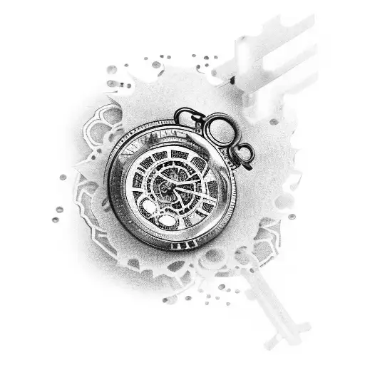 Stopwatch And Chain With Broken Glass And Gears