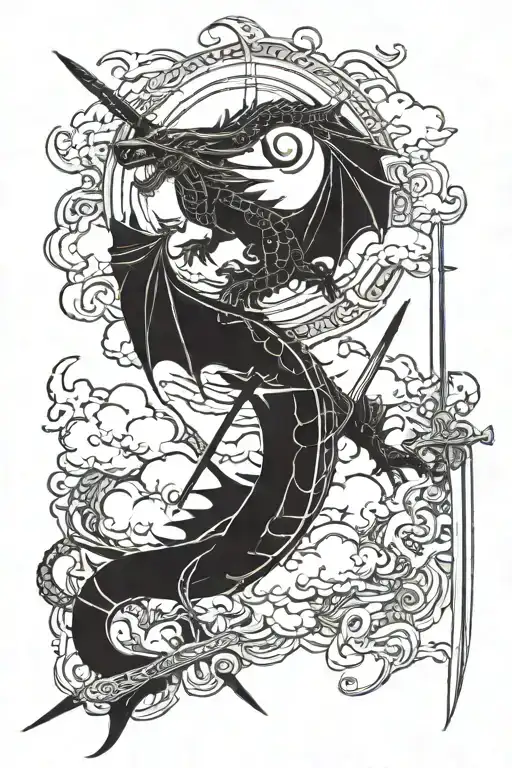Dragon And Sword And Clouds Surrounding