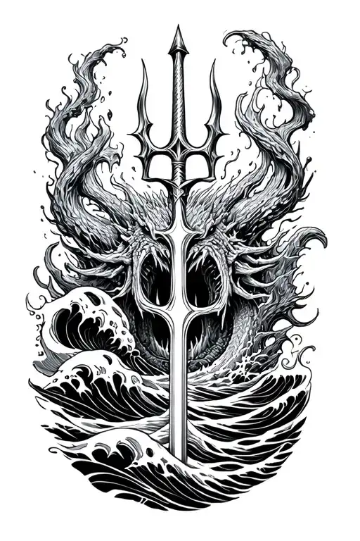 Trident With Waves Surrounding And Sea Monster