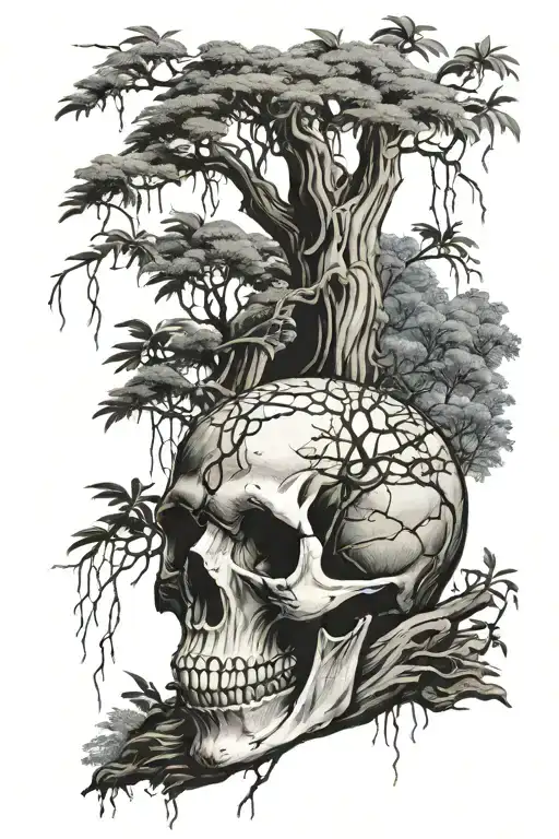 Musky Skull With Willow Tree Growing Out Of It Symbolizing