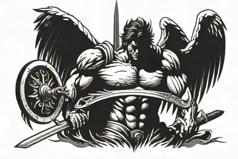 A Muscular Angel Wielding A Sword In A Gym Setting