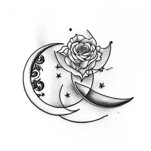 A Minimalist Tattoo Of A Crescent Moon Surrounded By Roses And A Firetruck