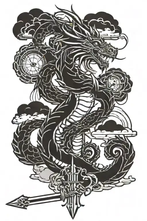 Dragon And Sword And Clouds Surrounding