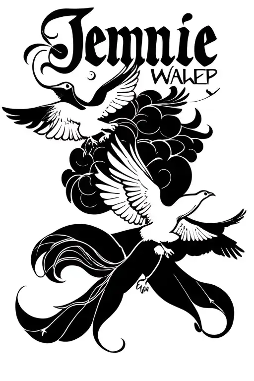 Cloud Background With The Name Jennie Walker In It With White Doves Aroun The Name