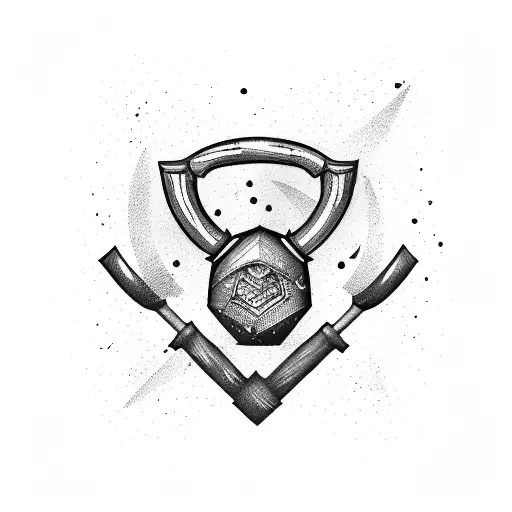 Combine A Axe And Hammer And Barbell And A Kettlebell In A Dynamic And Abstract Design