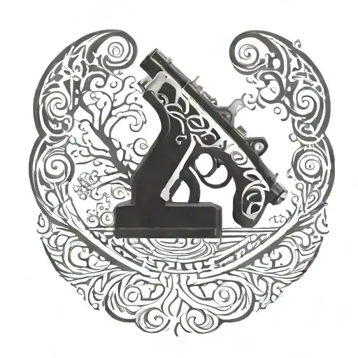 A Futuristic-looking Iwatta Paint Gun Intertwined With A Stylized Tree Of Life Design