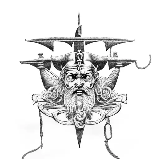 Poseidon With A Pirate Ship