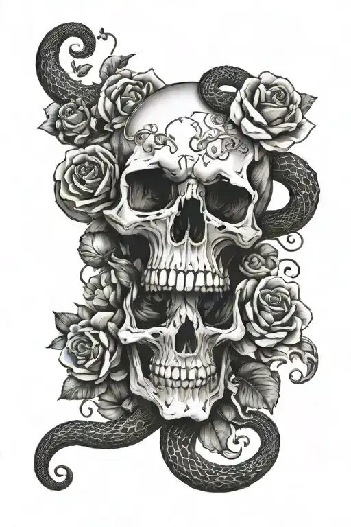 Skull With Snake Intertwined And Flowers At The Base