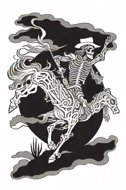 A Skeletal Cowboy Riding A Ghostly Horse Through A Desert Landscape