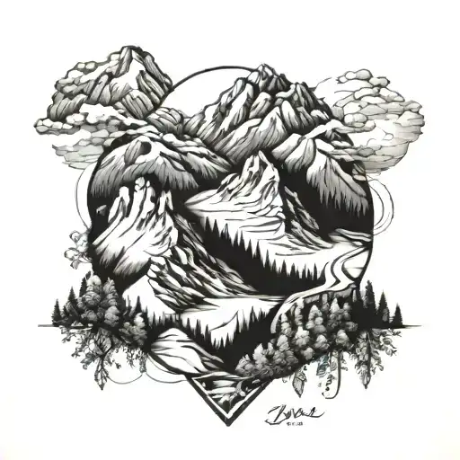 A Detailed Mountain Landscape Tattoo With A Hidden Hiking Trail Winding Through It